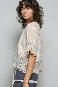 Pol - Crochet Trim Neckline Short Sleeve Top