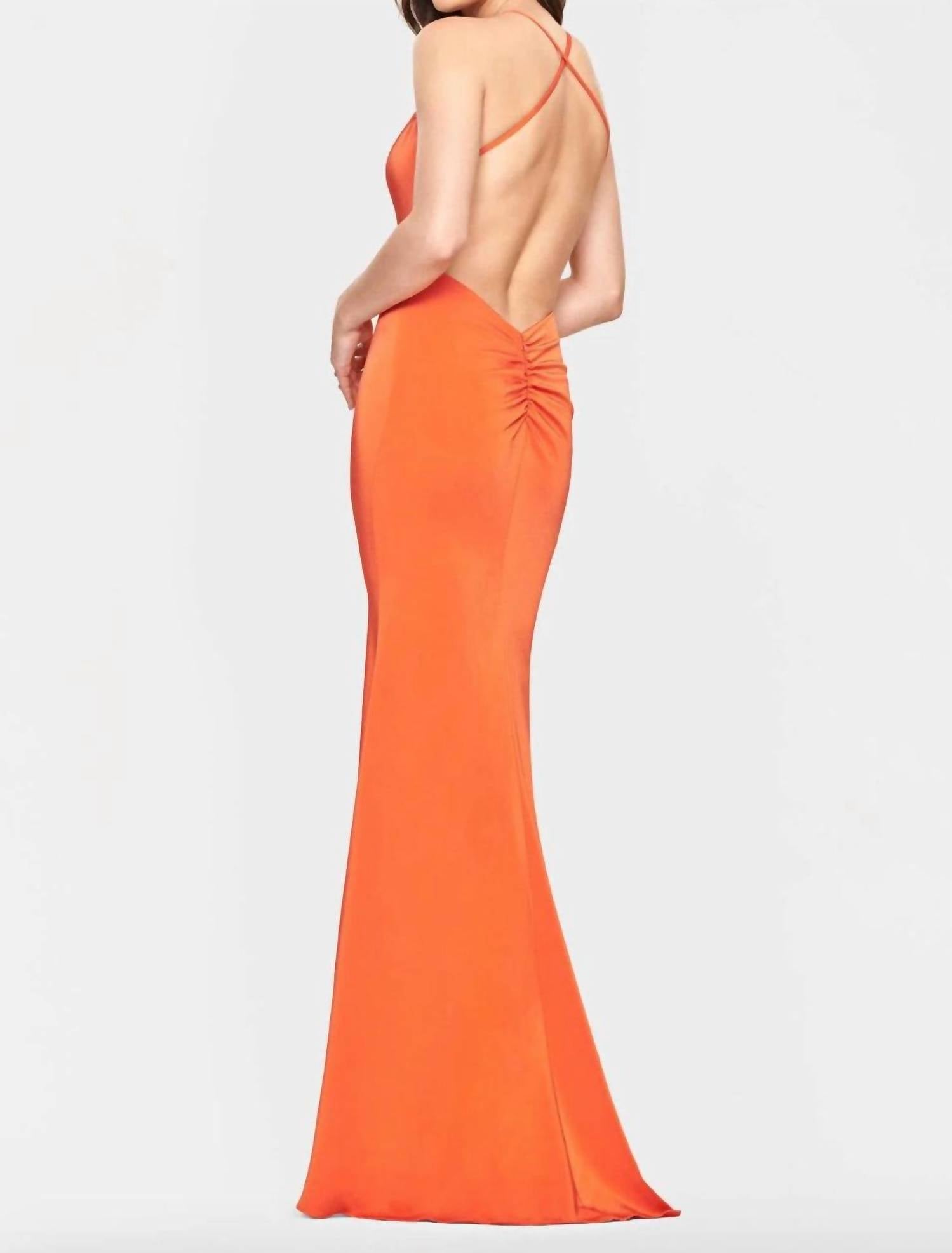 FAVIANA Fit & Flare Open Back Gown in tangerine - women's dress - detail view