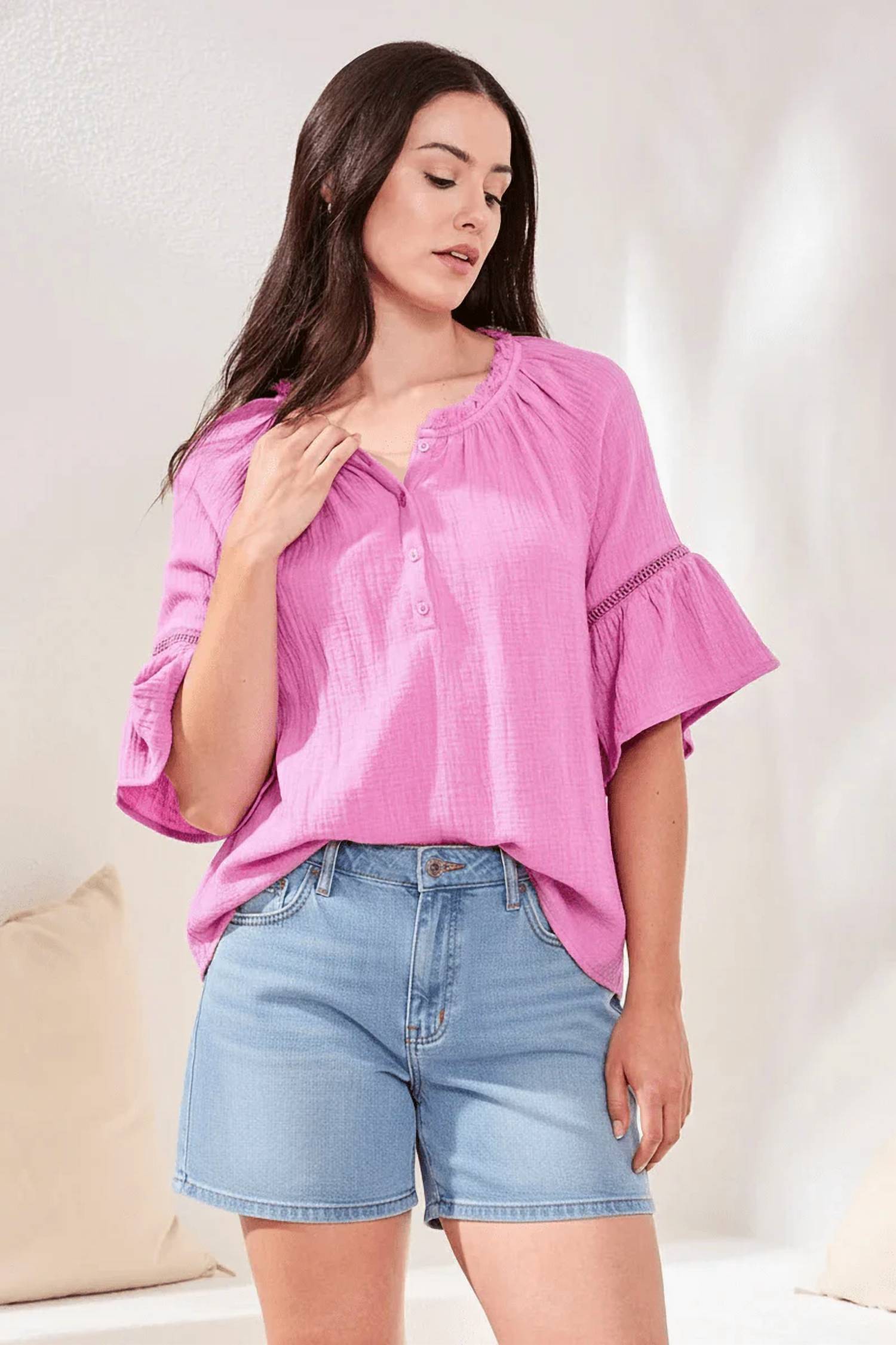 Tribal - Crinkle Gauze Bell Sleeve Blouse