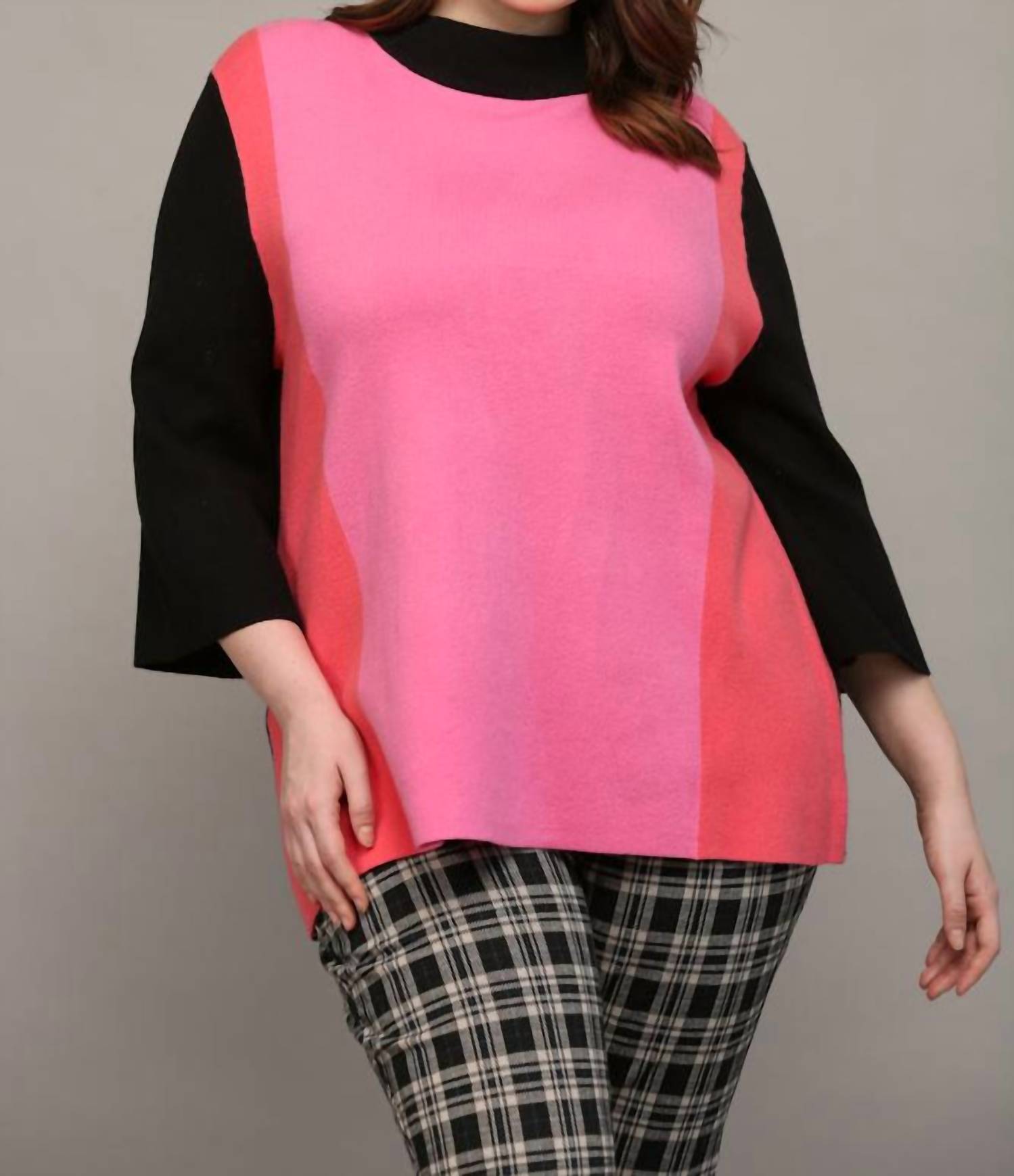 Fate Vianka Color Block Mock Neck Sweater in pink black - women's sweater - detail view