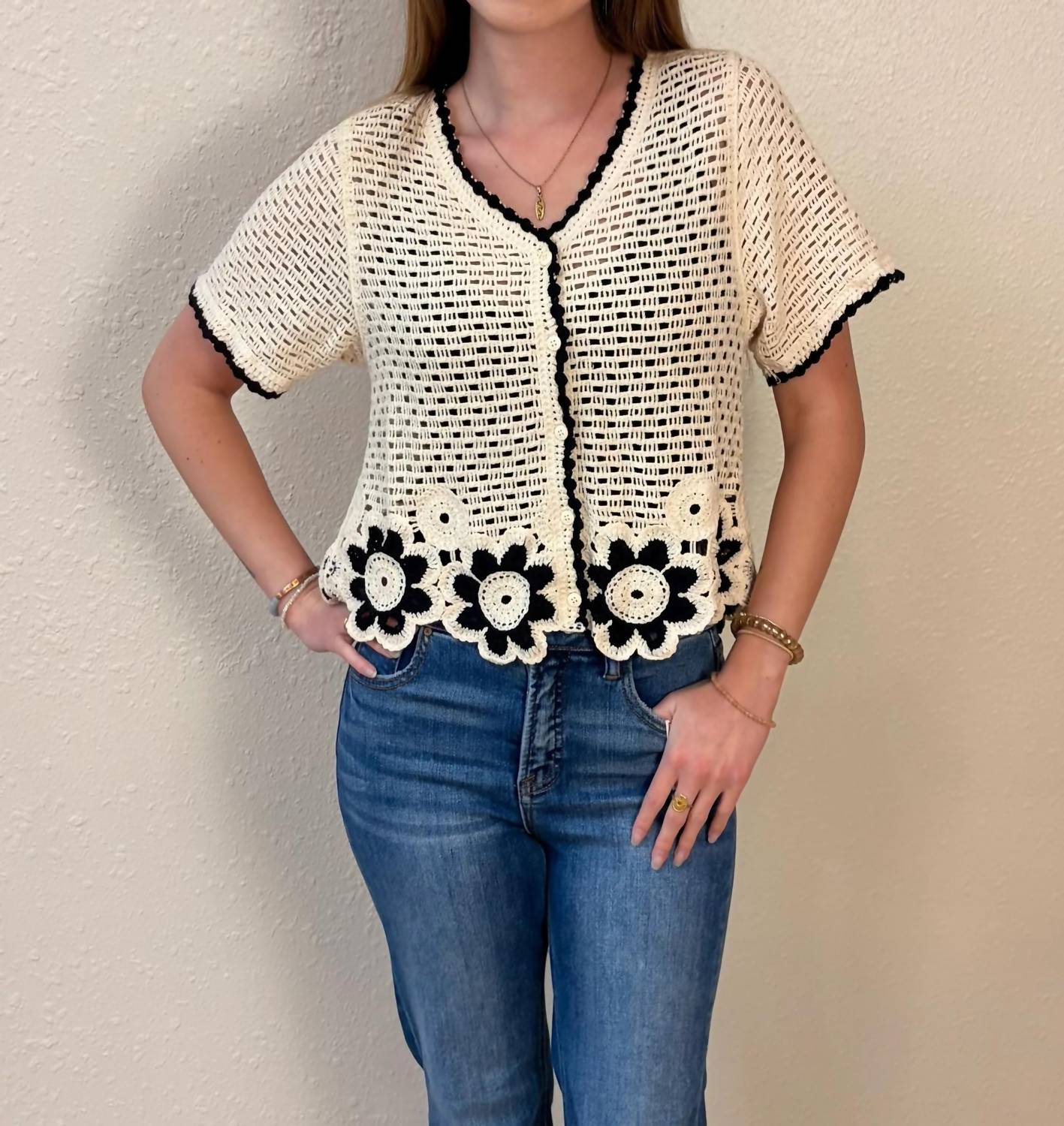 New In - Amelia Short Sleeve Crochet Cardigan