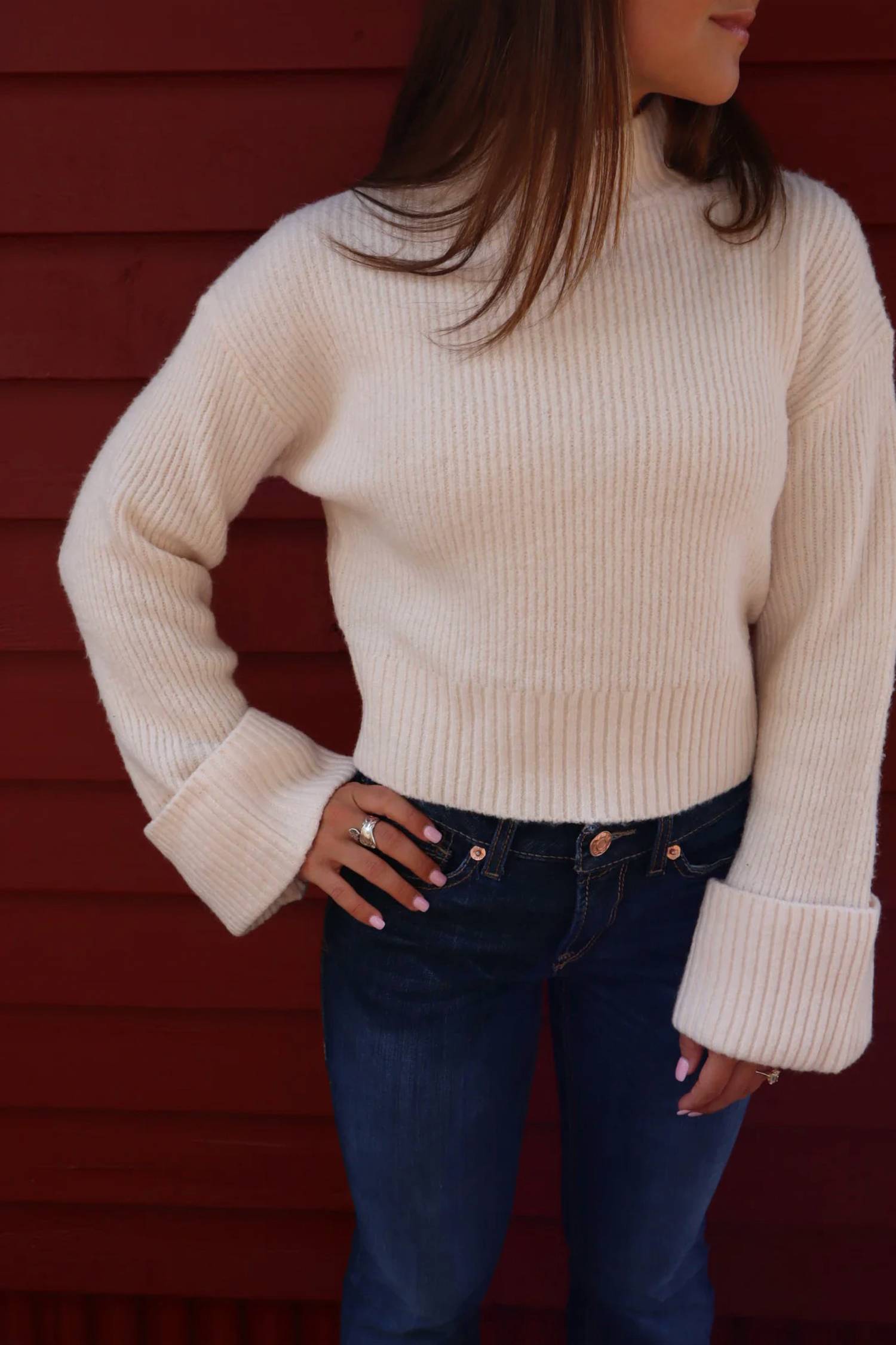 Sage The Label - Mock Neck Foldover Sleeve Sweater