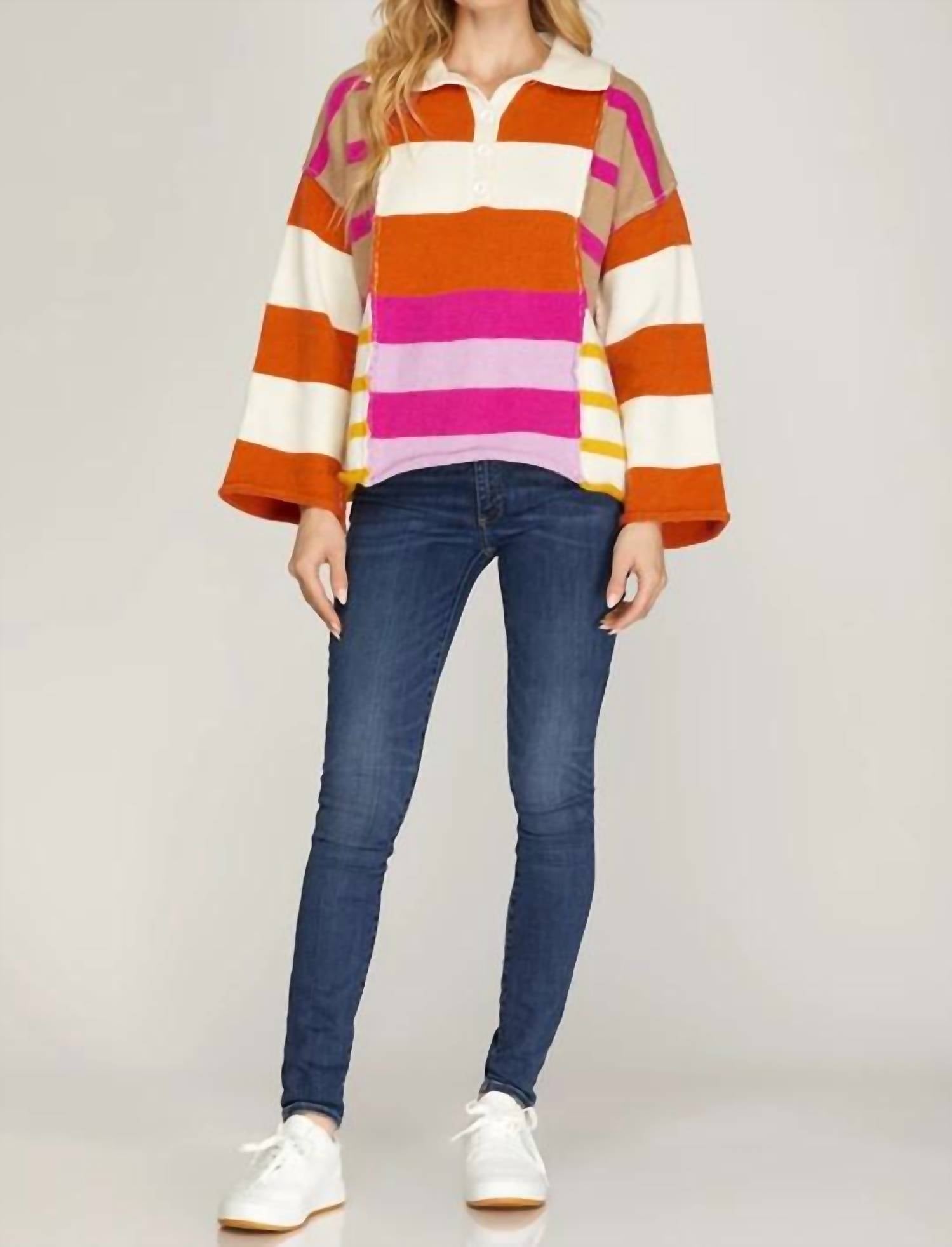 She + Sky - Color-block Collared Sweater