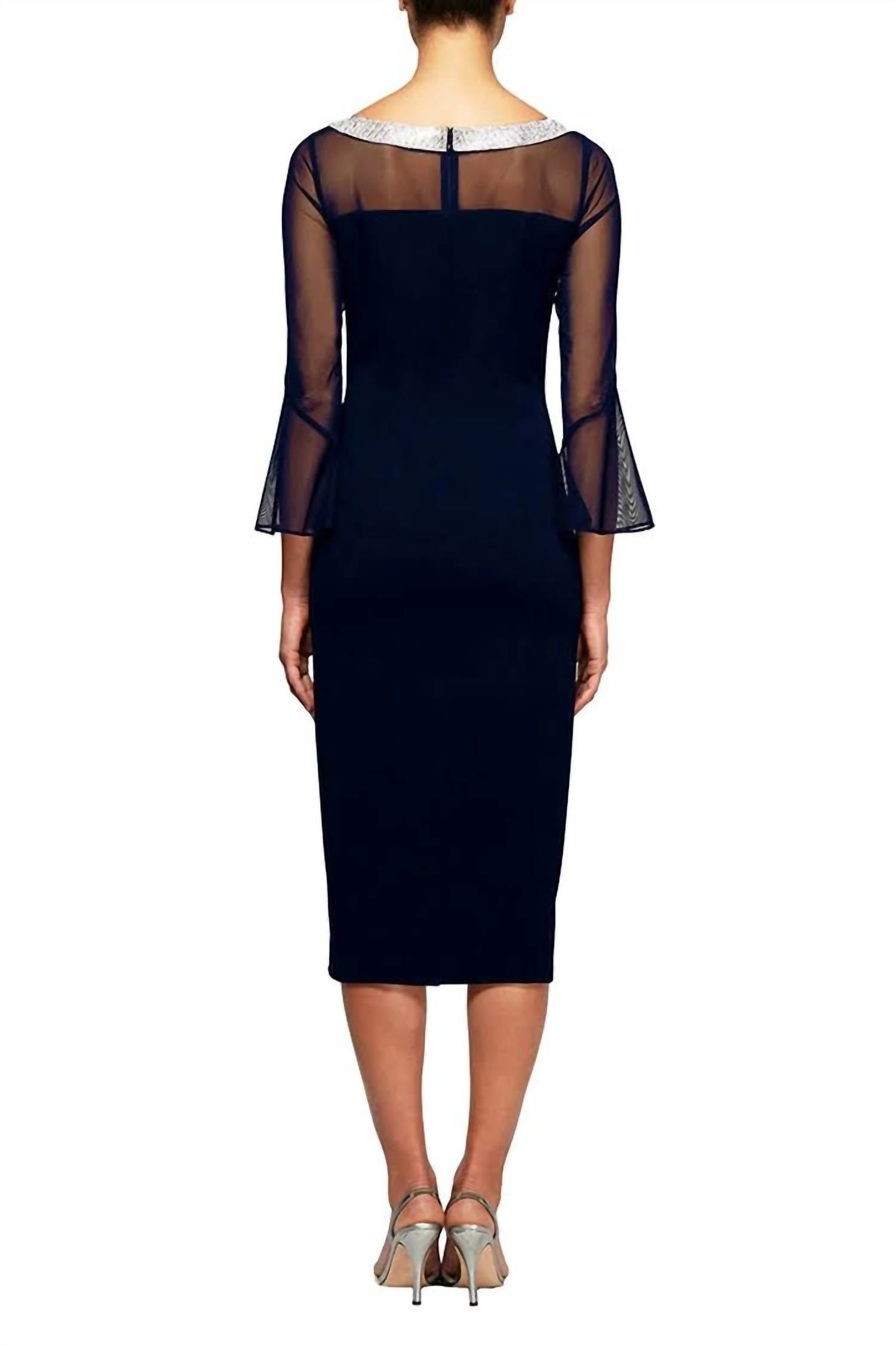 Alex Evenings - Embellished Boat Neck Bell Sleeves Midi Dress