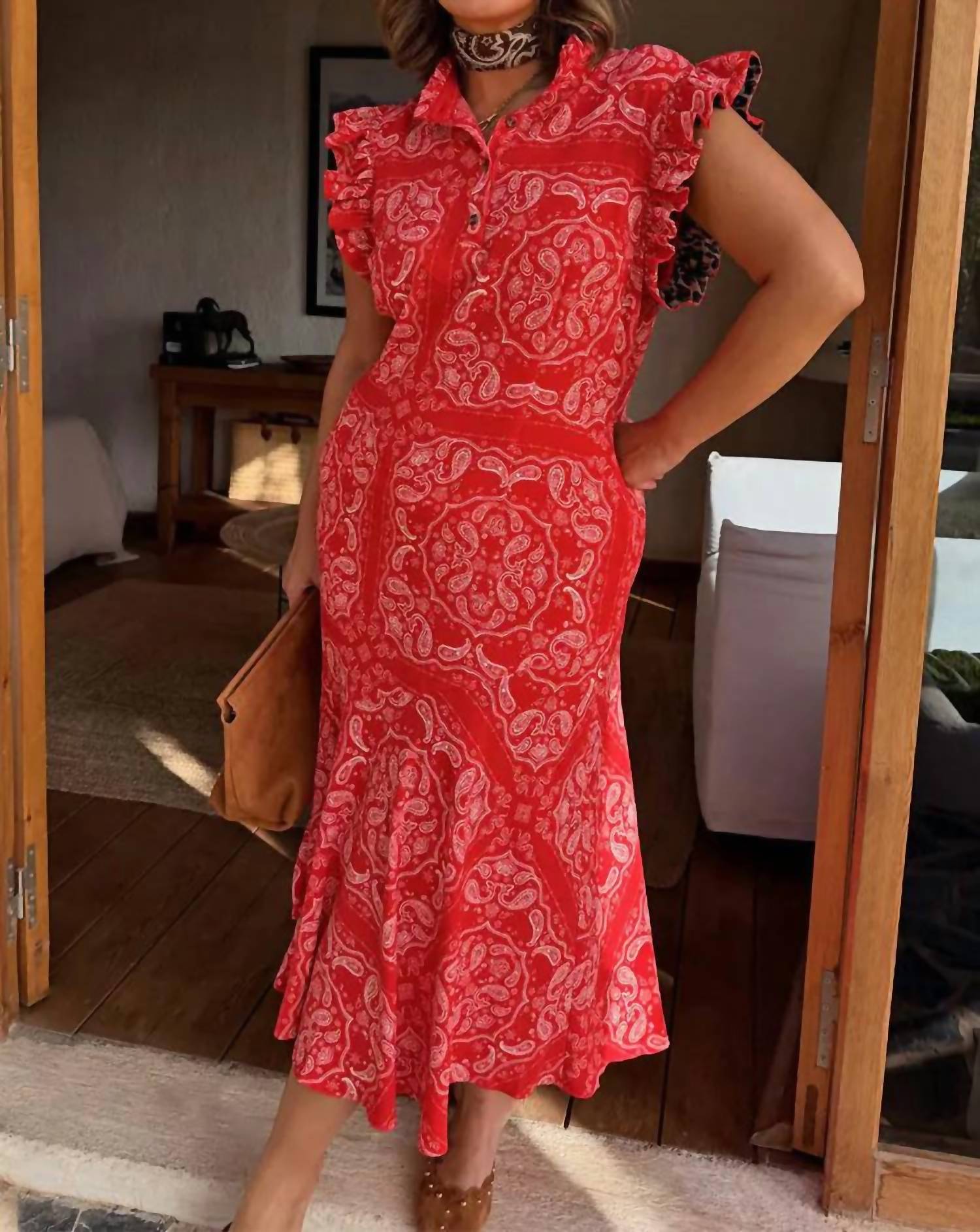never fully dressed Remi Dress With Leopard Sleeve in red bandana - women's dress - detail view