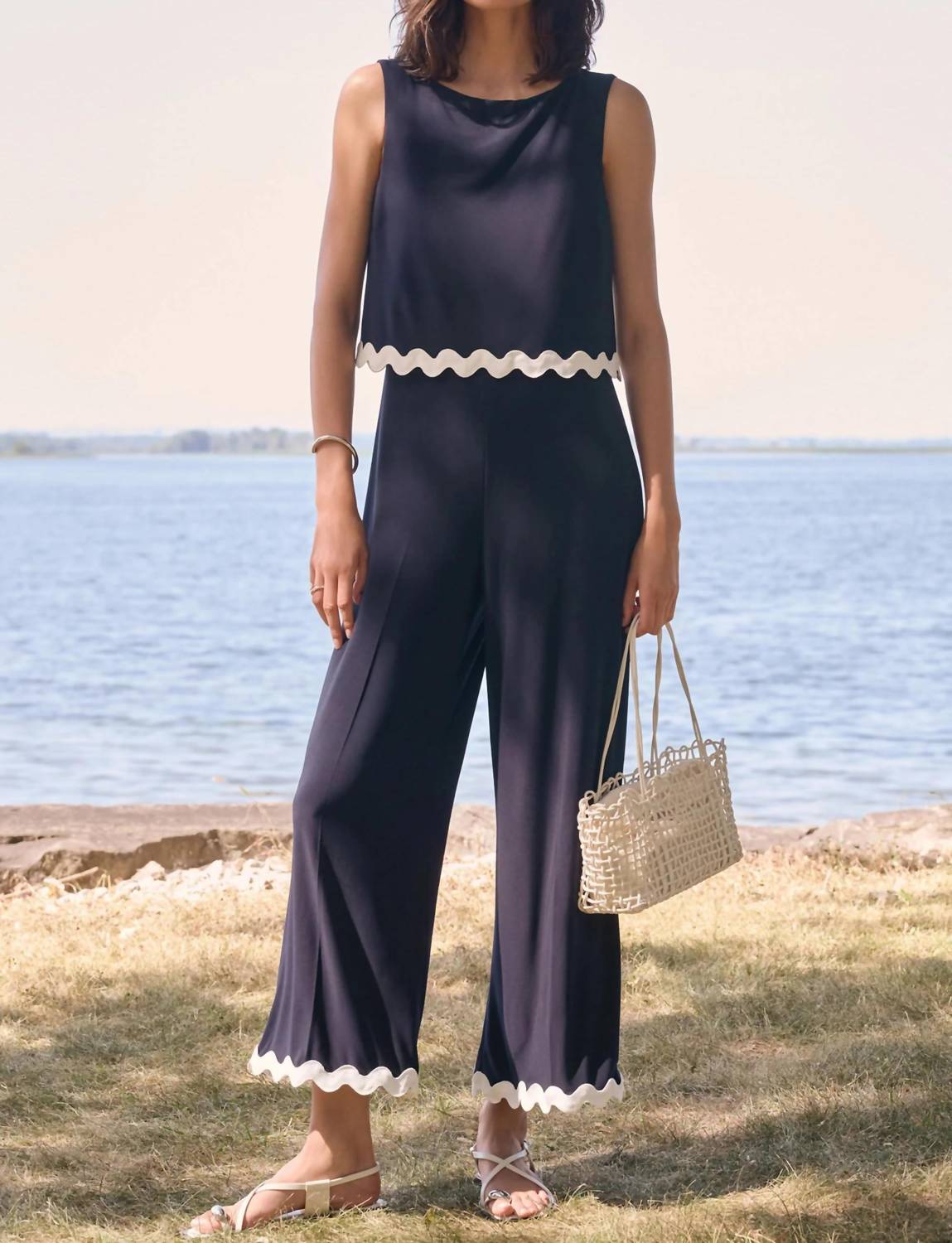 Joseph Ribkoff - Contrast Trim Sleeveless Culotte Jumpsuit