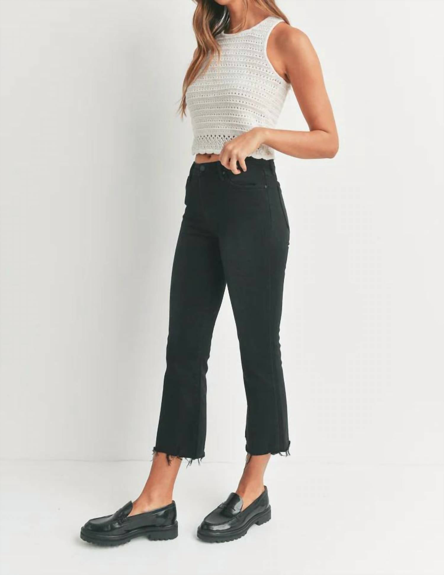 JUST BLACK DENIM High Rise Frayed Crop Flare Jeans in black - women's jeans - detail view