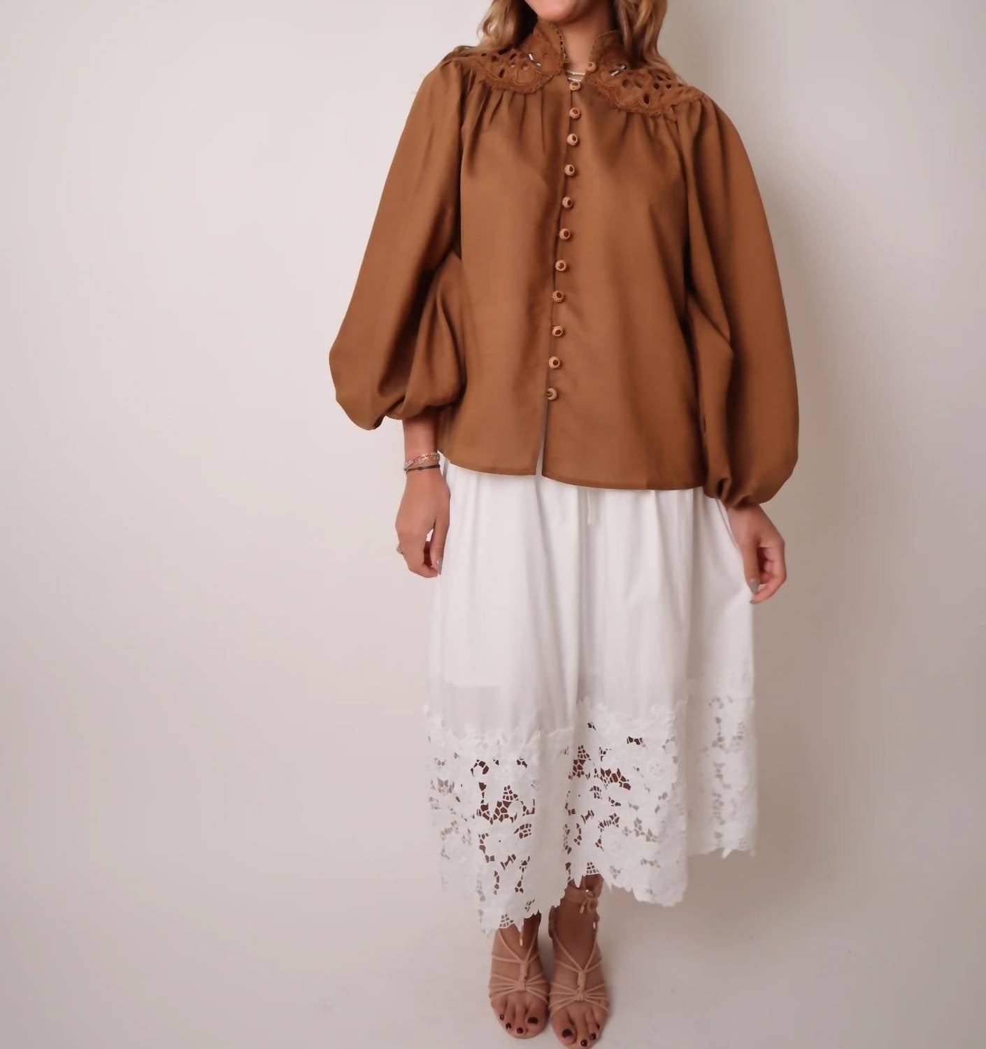 Beulahstyle - Eyelet Lace Long Sleeve Blouse