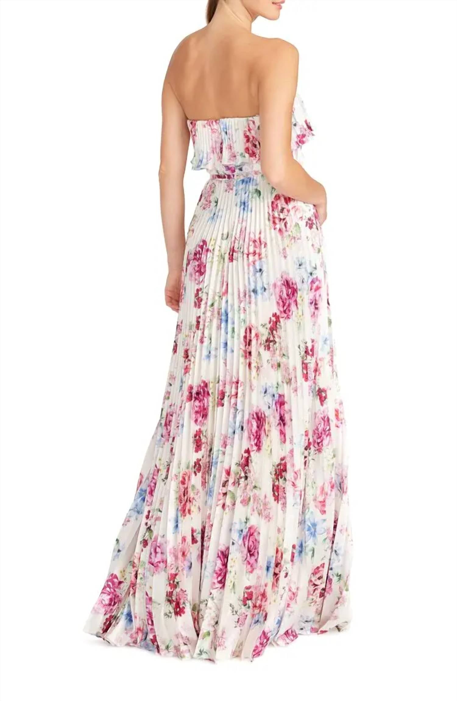Monique Lhuillier Floral Pleated Satin Strapless Gown in peony dream - women's dress - detail view