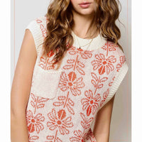 LA MIEL Floral Knit Sweater Vest in burnt orange - women's jacket - detail view
