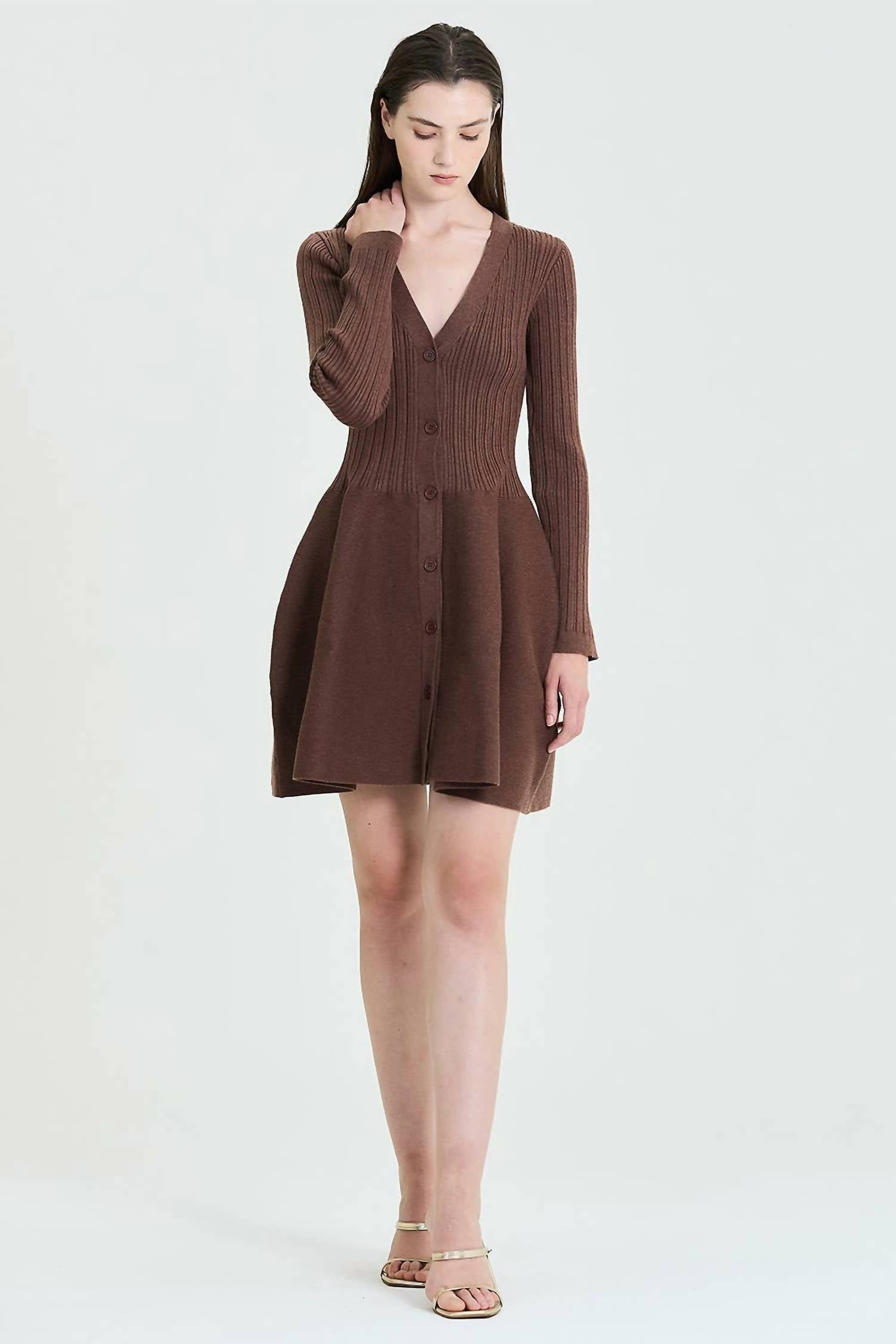 Dripsen - Fit & Flare Button-up Ribbed Knit Dress