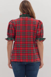 entro Plaid Puff Sleeve Top - Plus in red - women's blouse - view 4