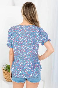 Zia Apparel - Floral Square Neckline Button Down Puffed Sleeve Top