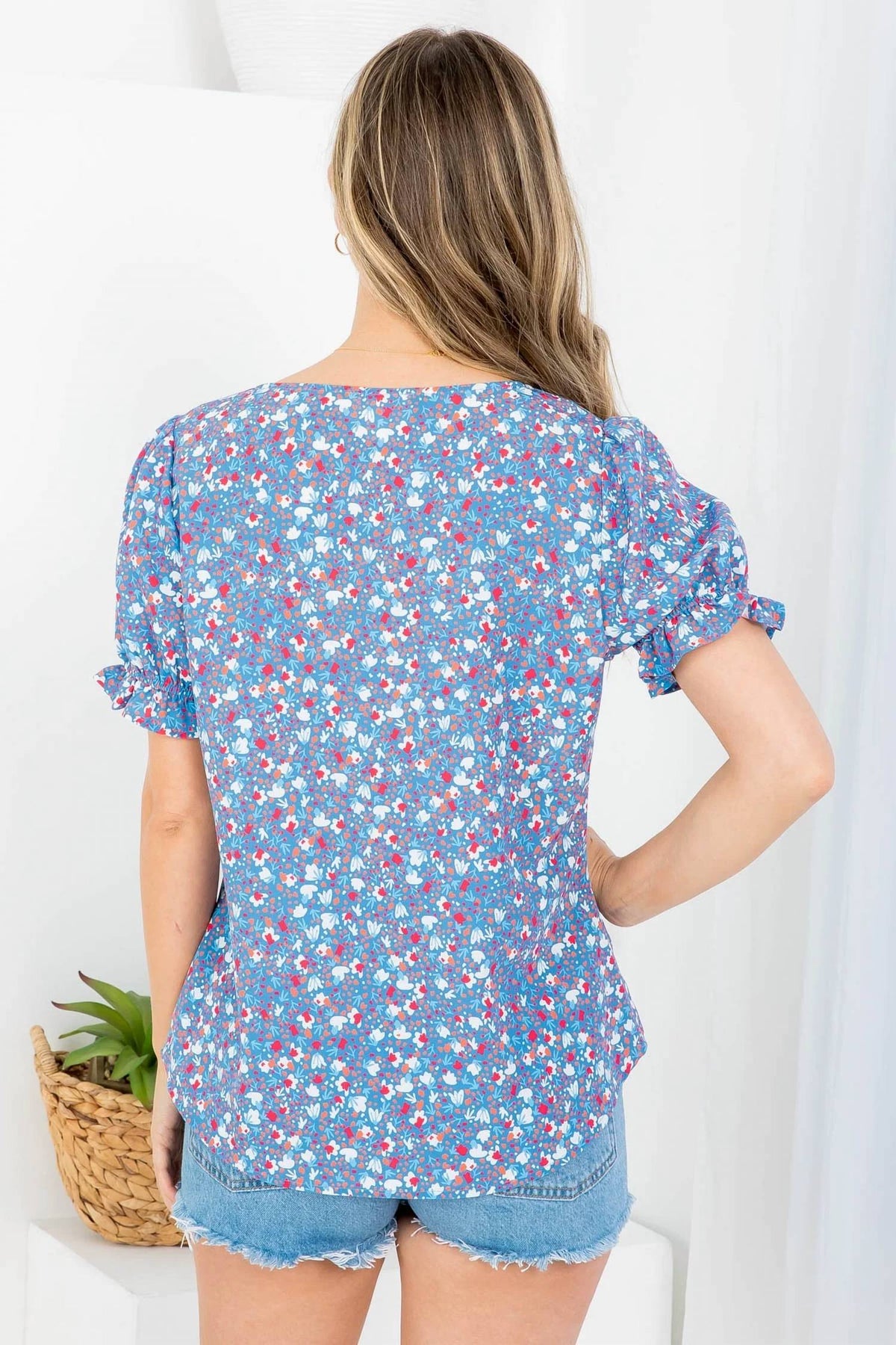 Zia Apparel - Floral Square Neckline Button Down Puffed Sleeve Top
