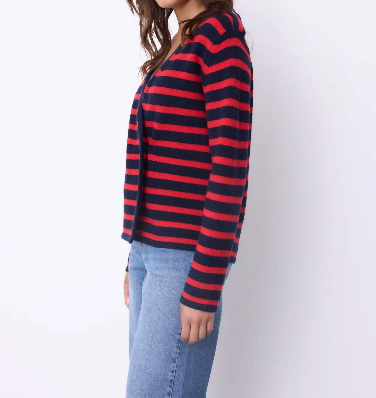 Not Shy Molly Stripe Cardigan Top in navy redstripe - women's cardigan - detail view