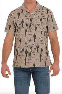 CINCH Cactus Print Short Sleeve Camp Shirt in khaki - men's t-shirt
