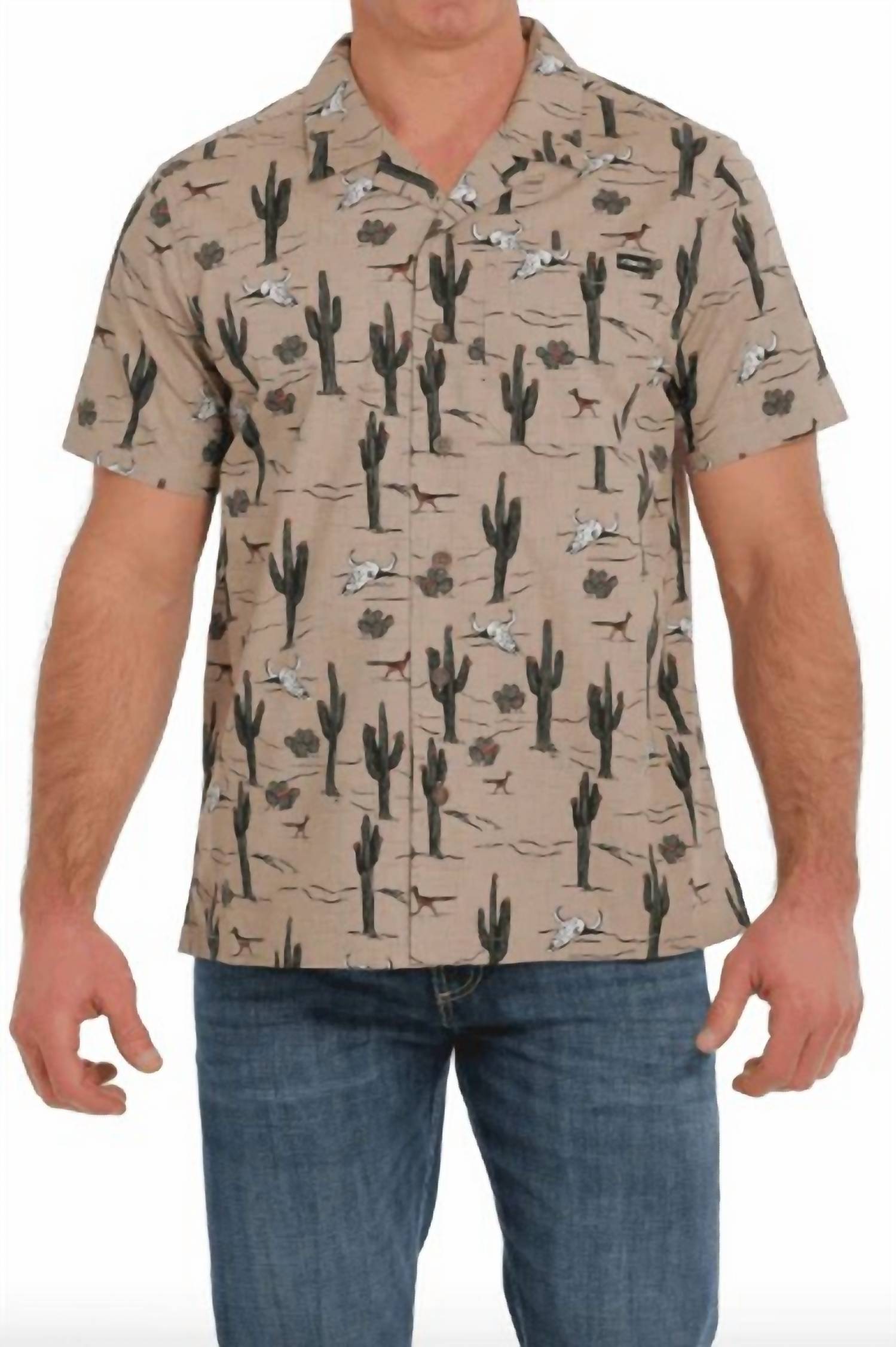 CINCH Cactus Print Short Sleeve Camp Shirt in khaki - men's t-shirt