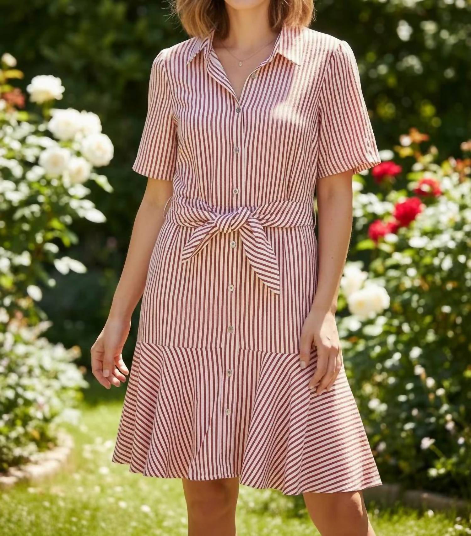 She + Sky - Women's Short Sleeve Front Tie Striped Mini Dress