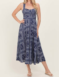 MABLE Bandana Print Crisscross Back Midi Dress in navy blue - women's dress