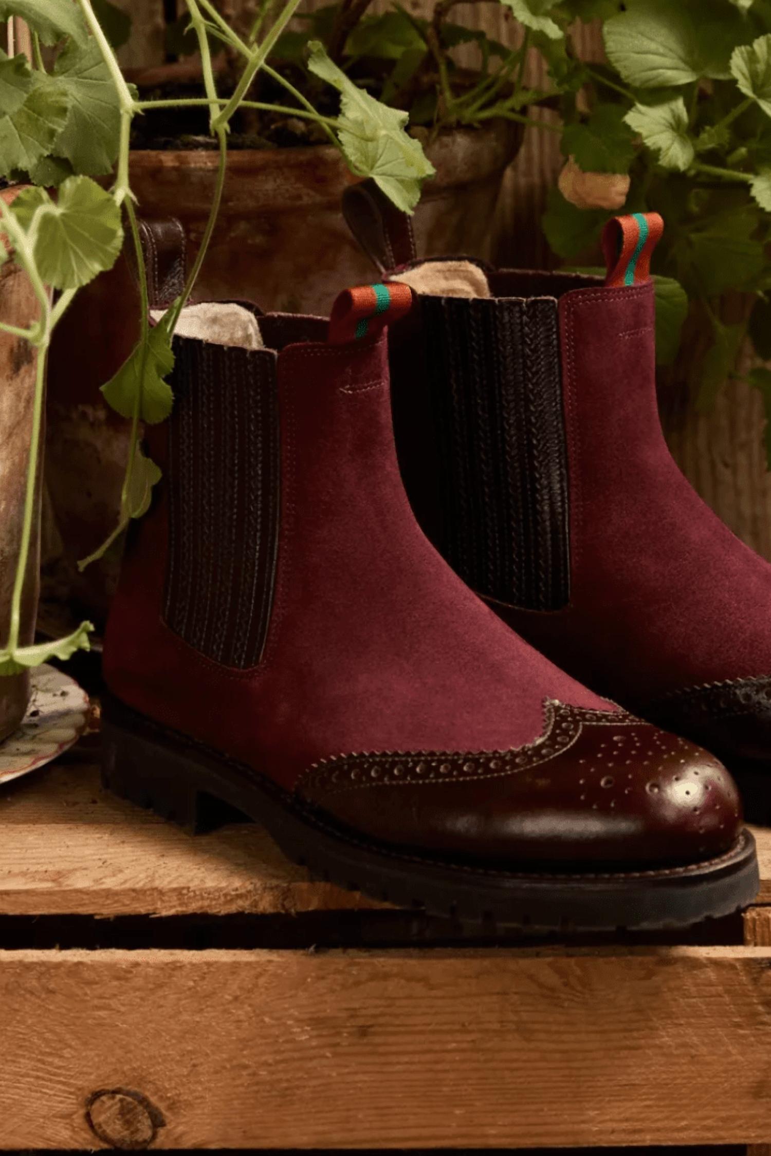 PENELOPE CHILVERS Women's Oscar Brogue-tip Wool-lined Boots in burgundy suede 1 - women's shoe - view 4