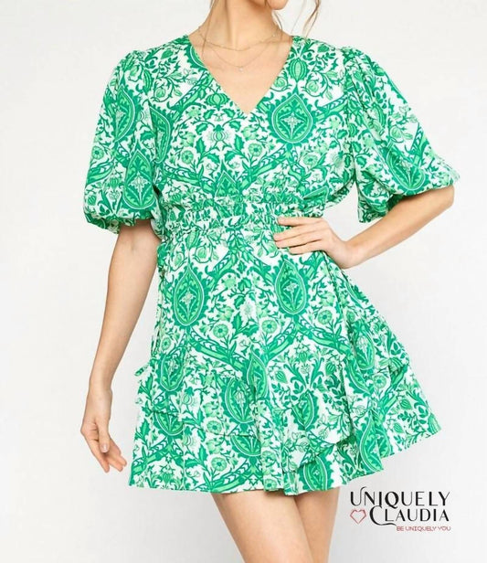 Entro - Francesca Green Ornate Print Puff Sleeves Ruffle Dress