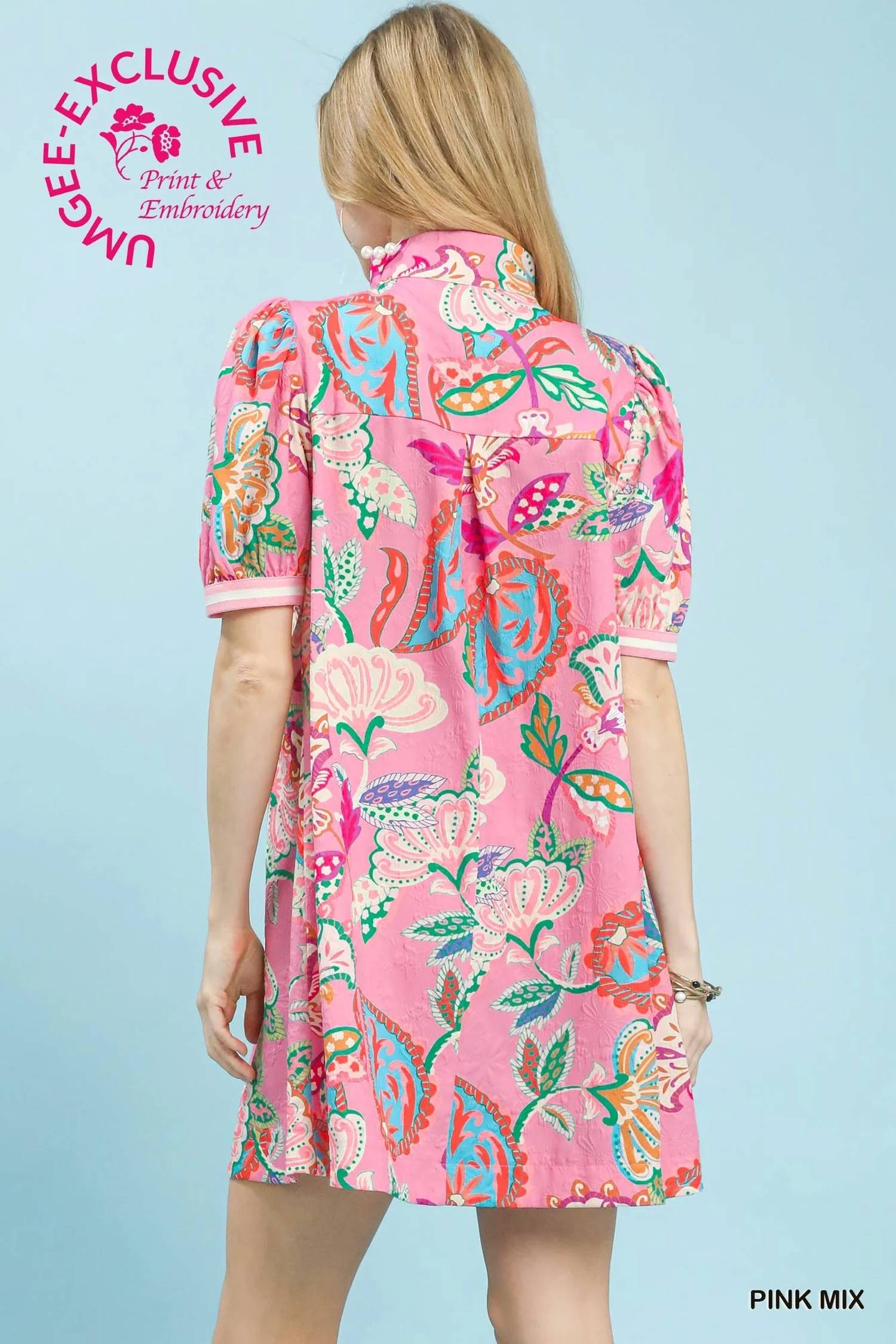 Umgee - Jacquard Paisley Print High Neck Mini Dress