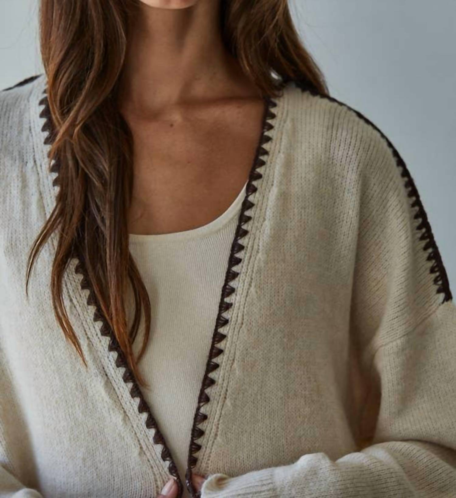 By Together Knit Stitch Sweater Top in light beige - women's cardigan - alternate view