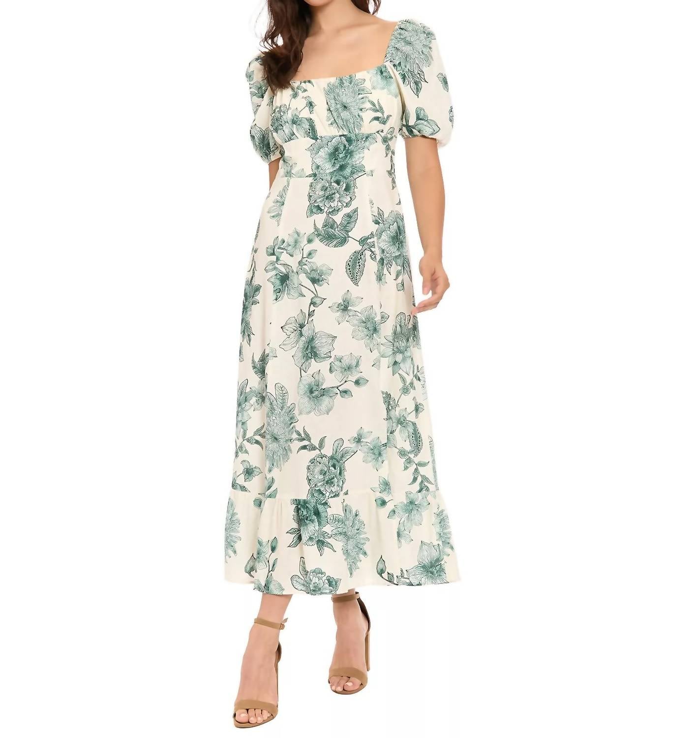 London Times - Square Neck Puff Sleeves Midi Dress