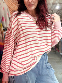 Easel Women's Washed Striped Knit Top in red - women's long sleeve top - detail view
