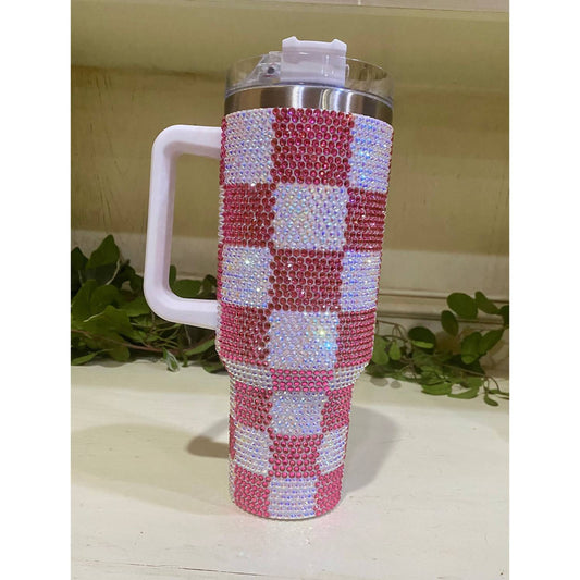 Lucky & Blessed - Women's Checkered Rhinestone Tumbler