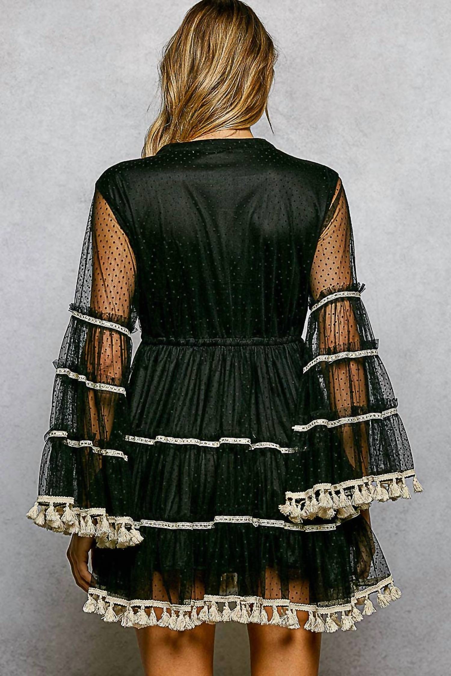 Pol - Split Embroidery Tassel Detail V-Neck Flared Short Dress