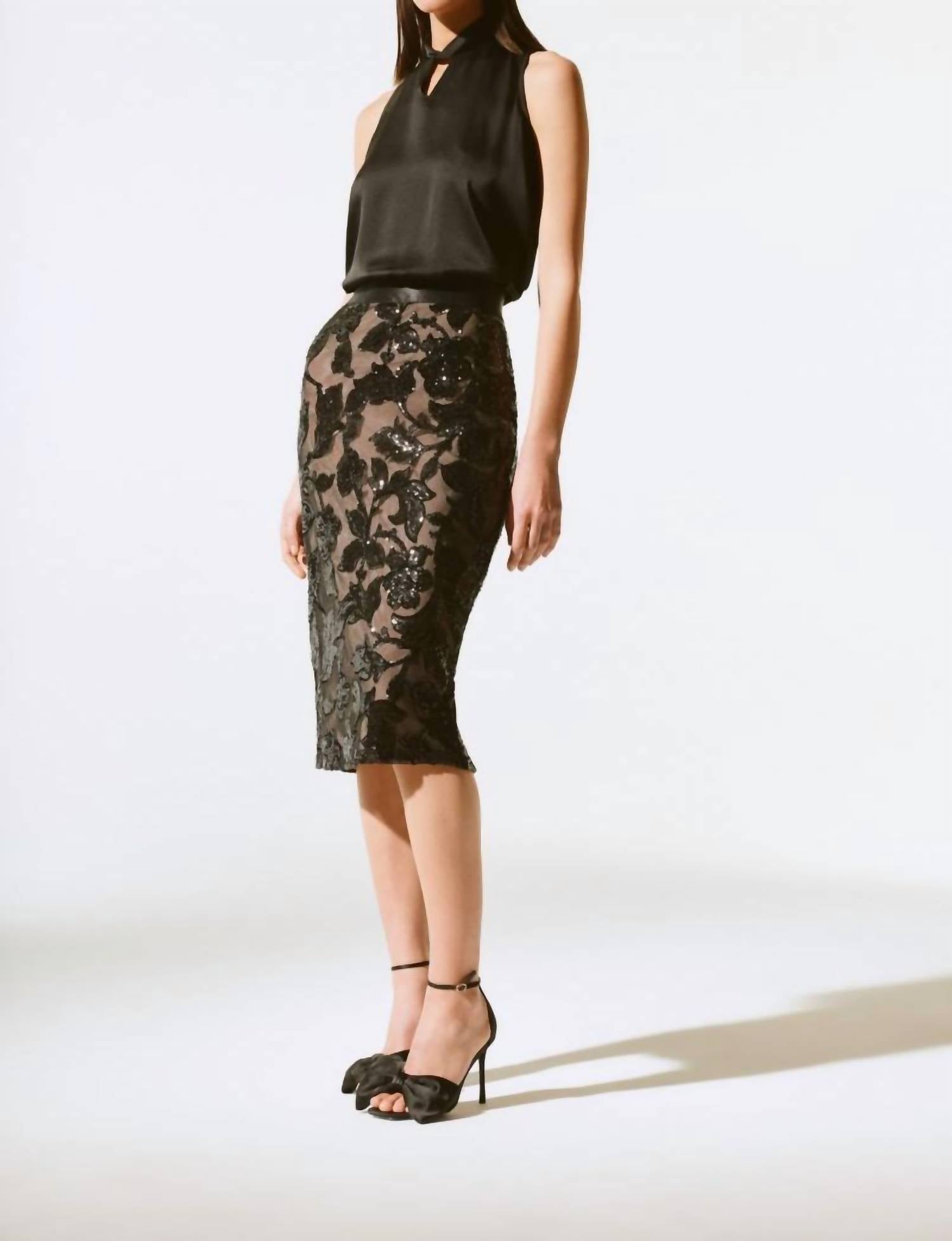 Joseph Ribkoff - Sequin Floral Pull-on Mesh Pencil Skirt