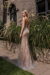 Terani Couture Long Embellished Dress in silver nude - women's dress - alternate view