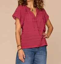 Democracy - Short Sleeve Ruffle Split Neck Embroidered Woven Top