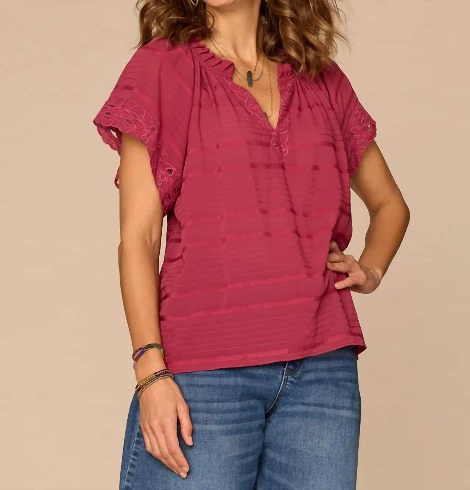 Democracy - Short Sleeve Ruffle Split Neck Embroidered Woven Top