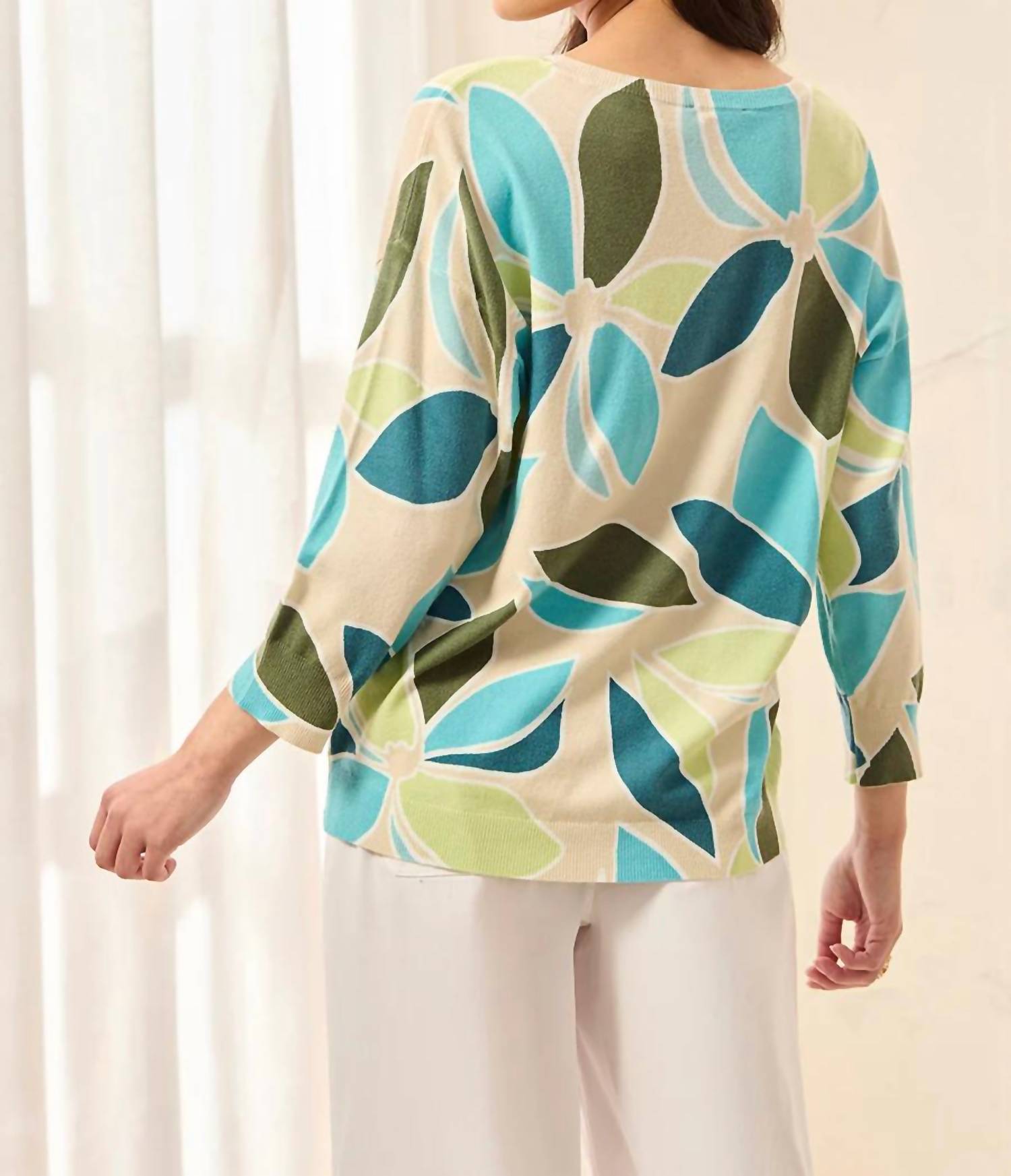Tribal - Soft Yarn Three-quarter Sleeve Crewneck Sweater