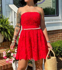 FLYING TOMATO Strapless Lace Mini Dress in red - women's dress
