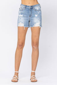 Judy Blue High Waist Rainbow Paint Splash Denim Shorts in blue - women's shorts