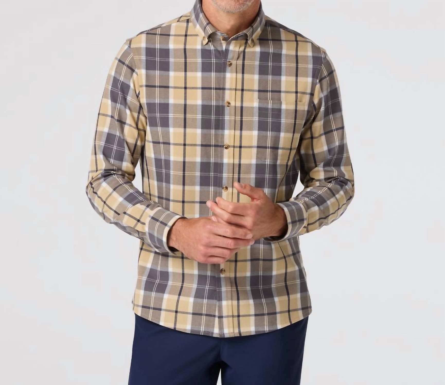 Mizzen + Main City Flannel Shirt in khaki timothy plaid - men's long sleeve top