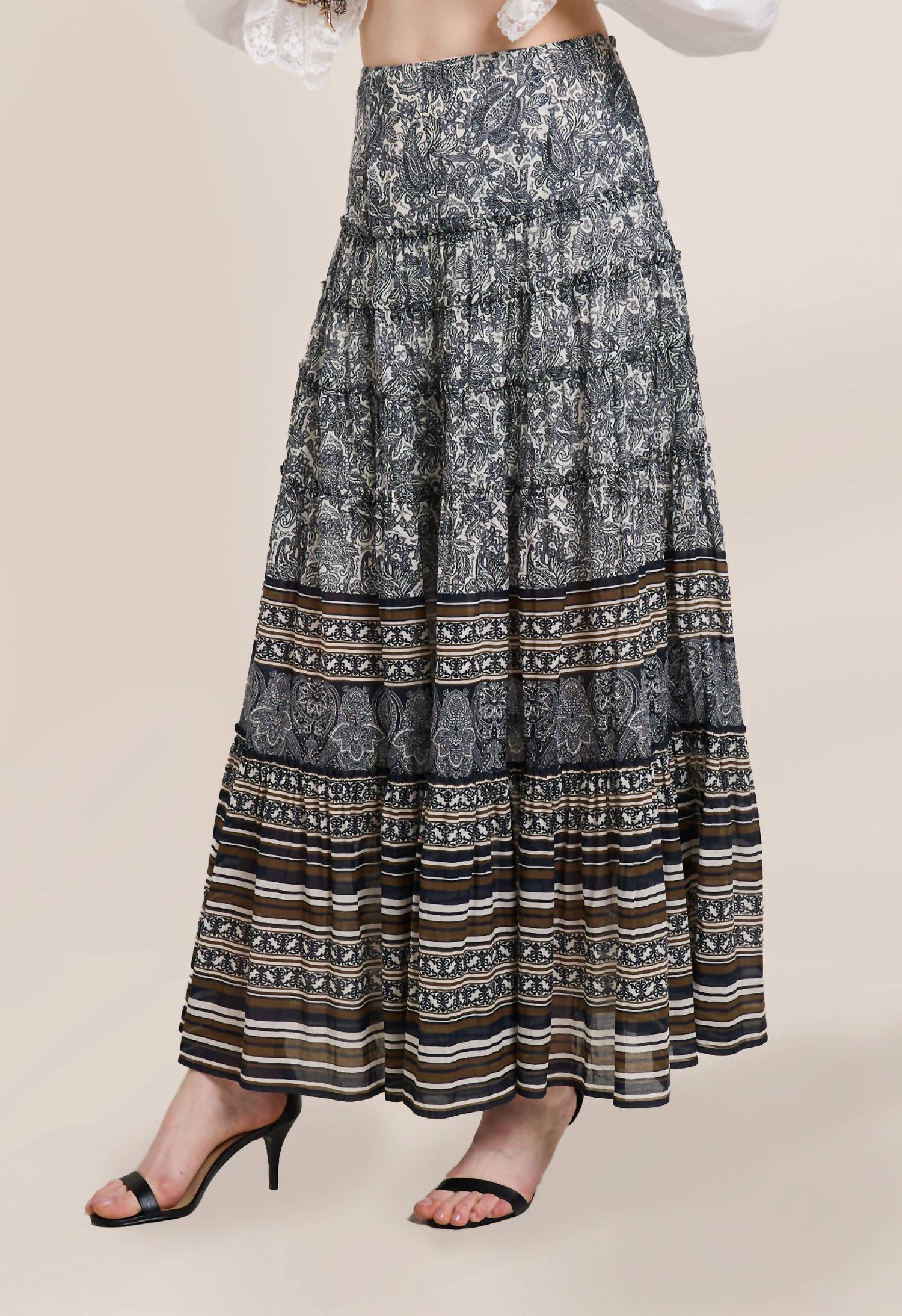 SCARLETT POPPIES Drift Long Skirt in vanilla olive and black - women's skirt - detail view