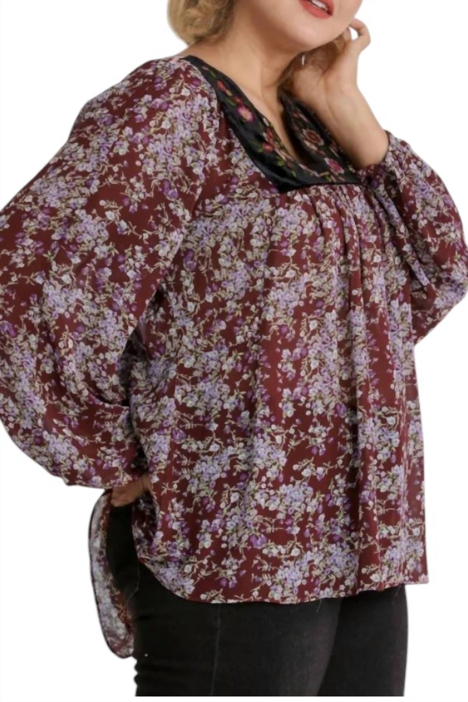 Umgee - Embroidered Velvet Yoke Floral Blouse