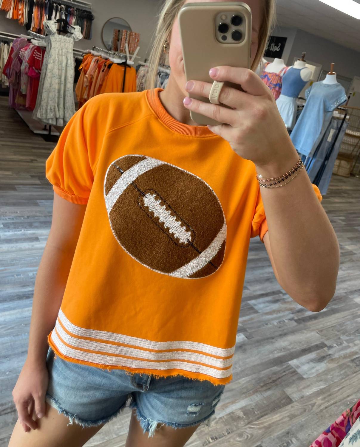 Peach Love - Football & Sequin Trim Tee