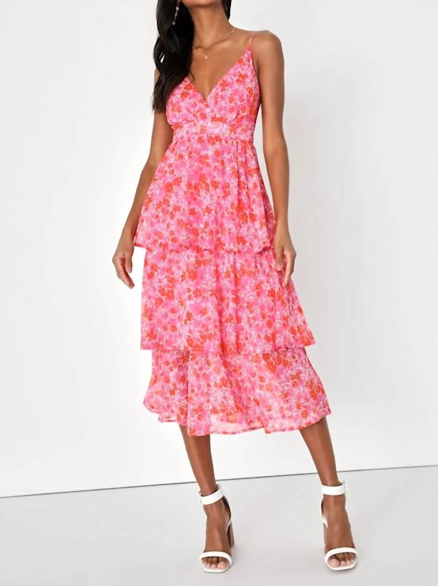 Lulus - Women's Adorable Obsession Print Lurex Tiered Midi Dress