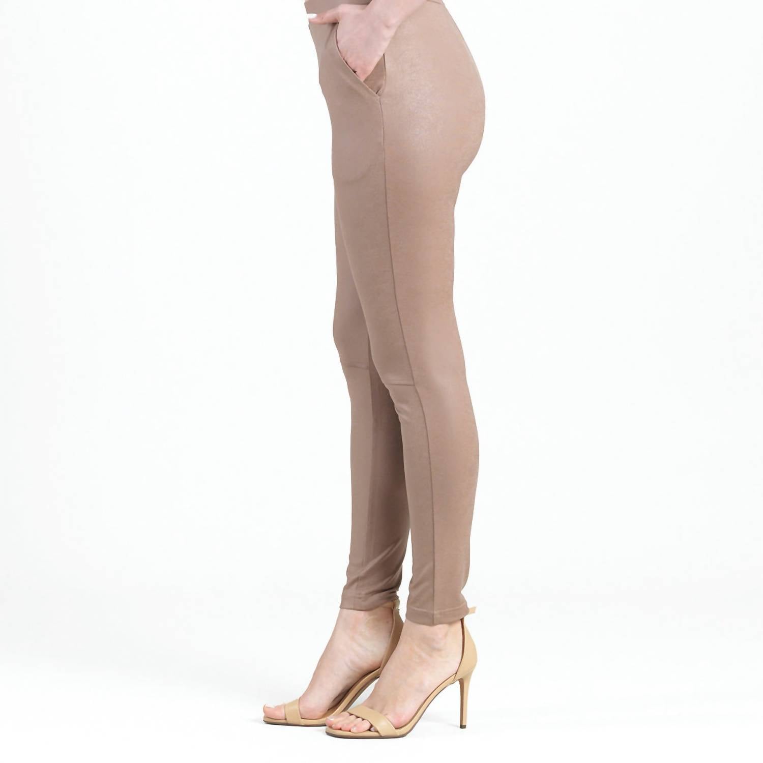 Clara Sun Woo Liquid Leather Pull On Pant in taupe - women's pants - detail view