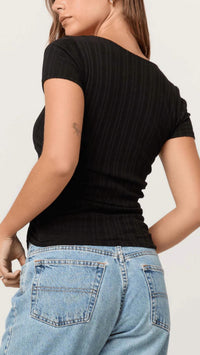 PROJECT SOCIAL T Dylana Pointelle Sweetheart Neck Tee Top in black - women's t-shirt - detail view