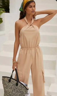 Stateside - Structured Poplin Cargo Halter Jumpsuit