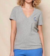 Sundry - V-Neck Moon Embroidery Short Sleeve Tee