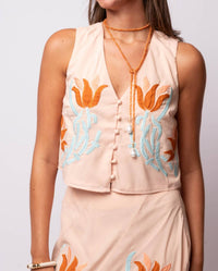 CIEBON Verda Embroidered Vest Top in pastel peach - women's jacket