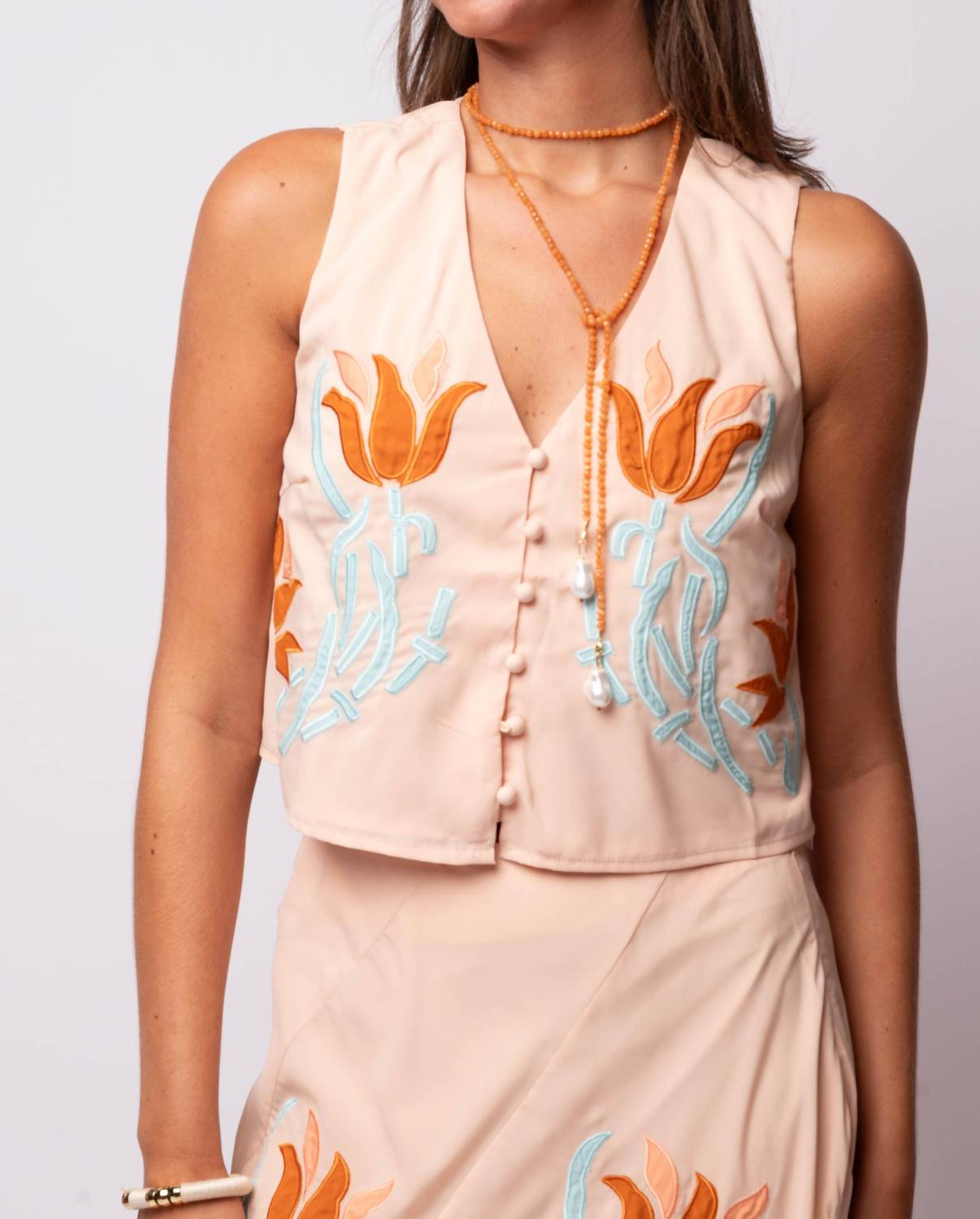 CIEBON Verda Embroidered Vest Top in pastel peach - women's jacket