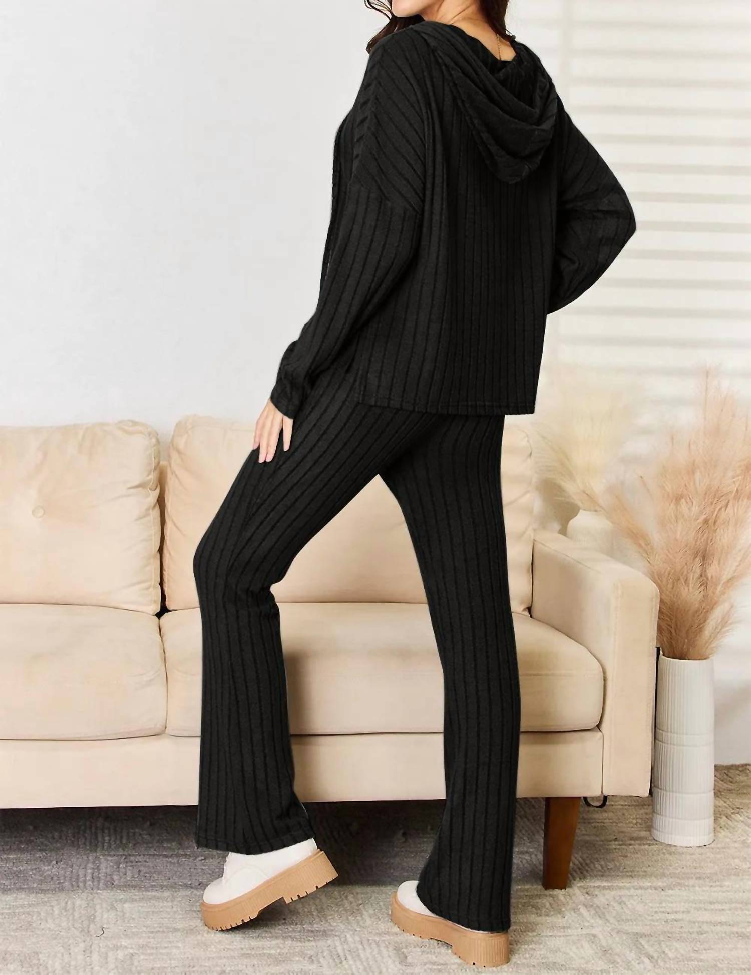Basic Bae - Full Size Ribbed Drawstring Hooded Top And Straight Pants Set